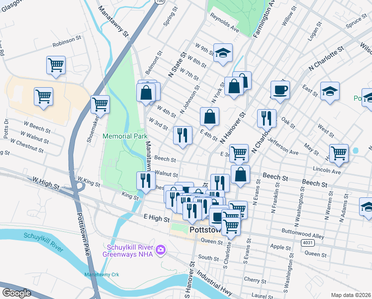 map of restaurants, bars, coffee shops, grocery stores, and more near 278 North York Street in Pottstown