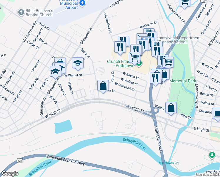map of restaurants, bars, coffee shops, grocery stores, and more near 369 West King Street in Pottstown