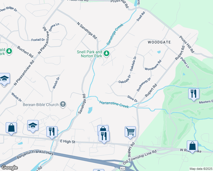 map of restaurants, bars, coffee shops, grocery stores, and more near 2832 Shire Drive in Pottstown