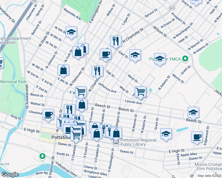 map of restaurants, bars, coffee shops, grocery stores, and more near 372 North Franklin Street in Pottstown