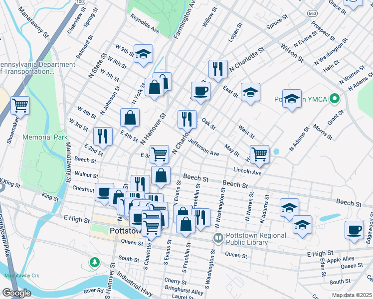 map of restaurants, bars, coffee shops, grocery stores, and more near 316 North Charlotte Street in Pottstown