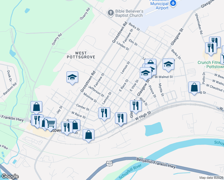 map of restaurants, bars, coffee shops, grocery stores, and more near 322 Lemon Street in Stowe
