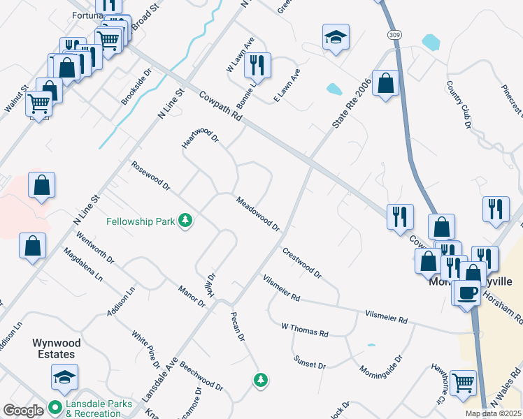 map of restaurants, bars, coffee shops, grocery stores, and more near 102 Knollwood Drive in Lansdale