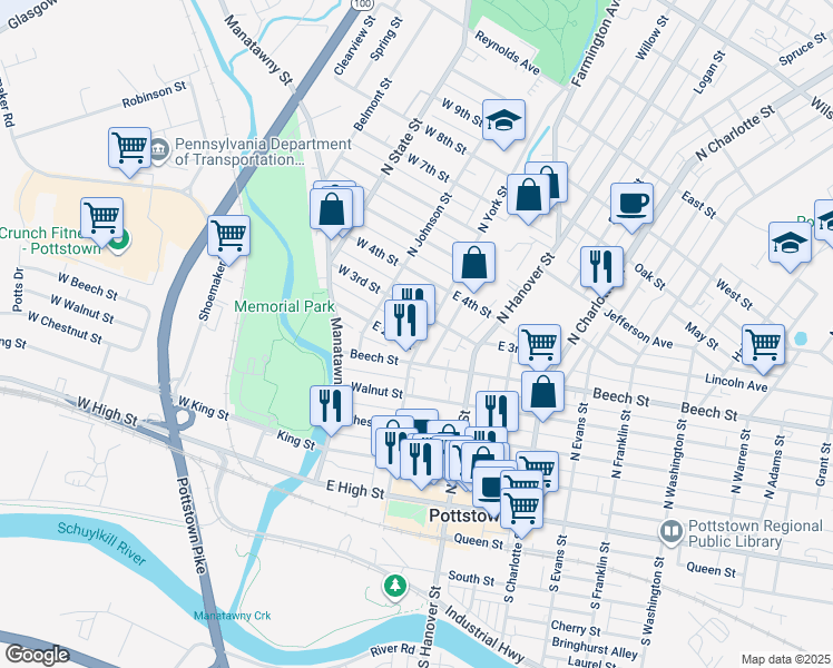 map of restaurants, bars, coffee shops, grocery stores, and more near 263 North York Street in Pottstown