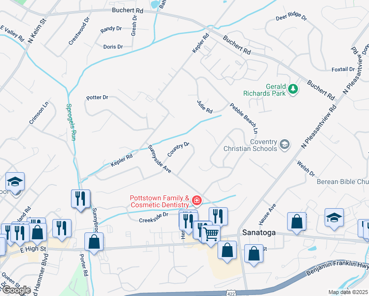 map of restaurants, bars, coffee shops, grocery stores, and more near 8 Country Drive in Pottstown