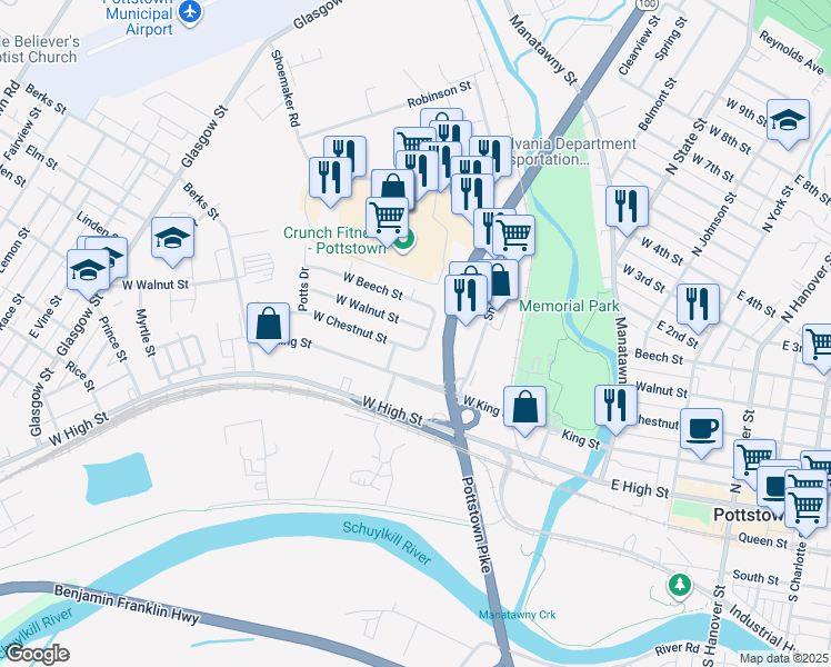 map of restaurants, bars, coffee shops, grocery stores, and more near 260 West Walnut Street in Pottstown