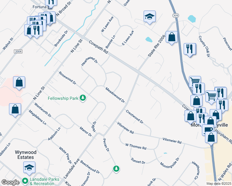 map of restaurants, bars, coffee shops, grocery stores, and more near 102 Knollwood Drive in Lansdale