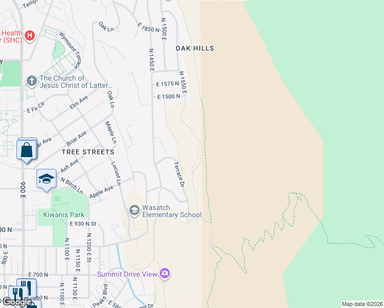 map of restaurants, bars, coffee shops, grocery stores, and more near 1392 North 1500 East in Provo