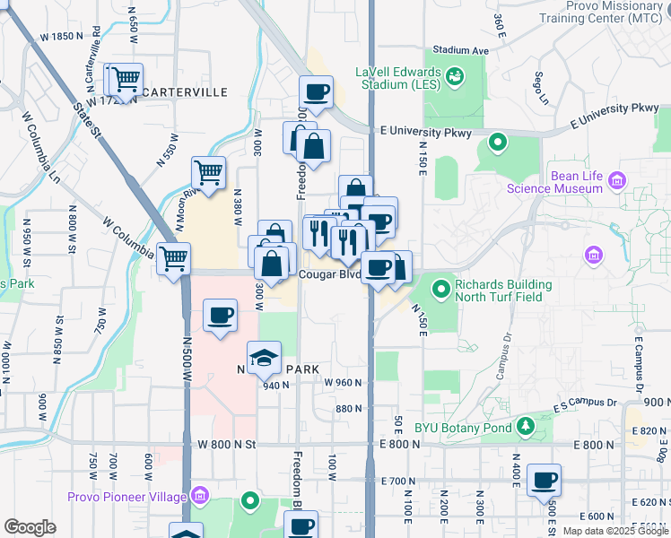 map of restaurants, bars, coffee shops, grocery stores, and more near 112 West 1230 North Street in Provo
