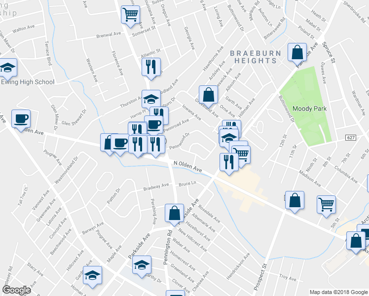 map of restaurants, bars, coffee shops, grocery stores, and more near 97 Pennwood Drive in Trenton