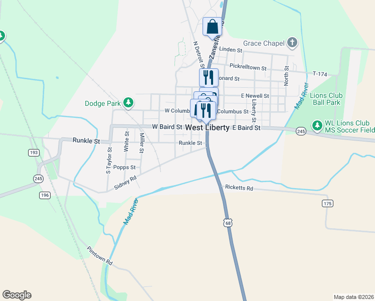 map of restaurants, bars, coffee shops, grocery stores, and more near 111 Runkle Street in West Liberty