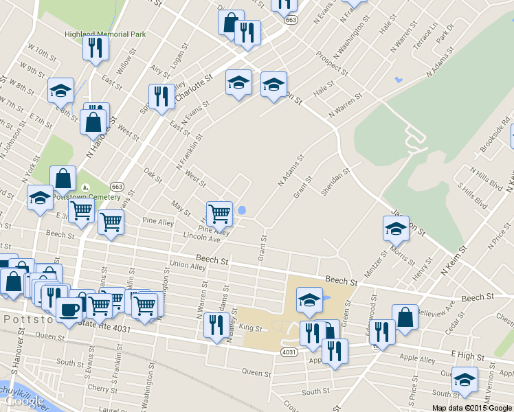 map of restaurants, bars, coffee shops, grocery stores, and more near 507 North Adams Street in Pottstown