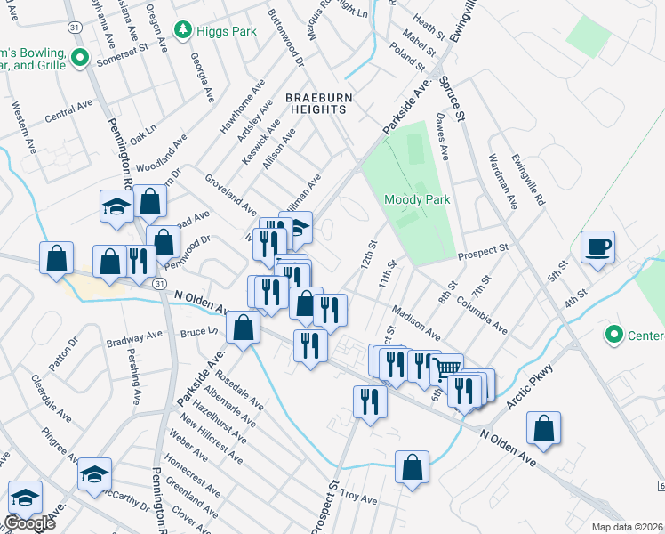 map of restaurants, bars, coffee shops, grocery stores, and more near 1430-14540 Parkside Avenue in Ewing Township