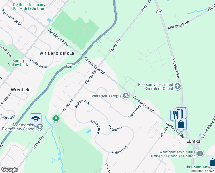 map of restaurants, bars, coffee shops, grocery stores, and more near 109 Bailey Dr in North Wales