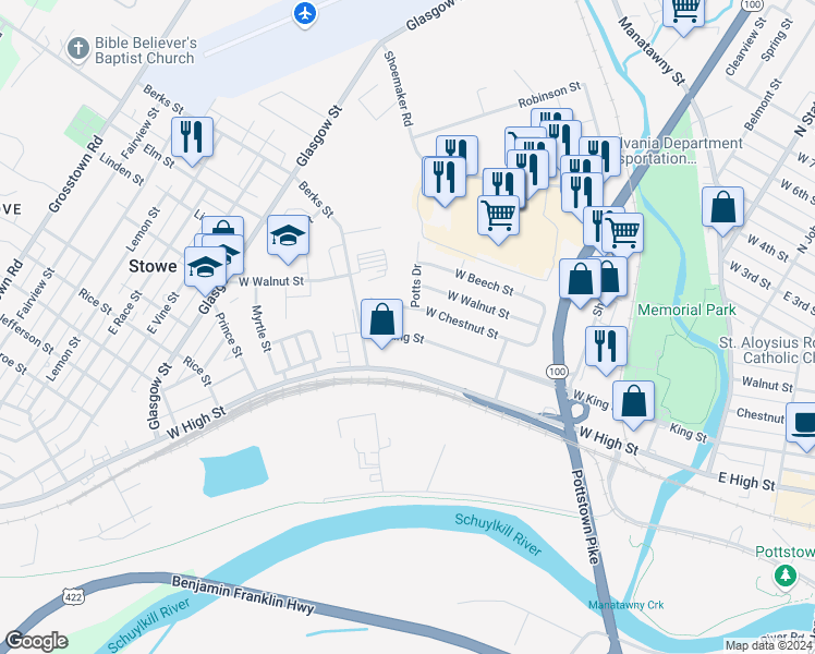 map of restaurants, bars, coffee shops, grocery stores, and more near 369 West King Street in Pottstown