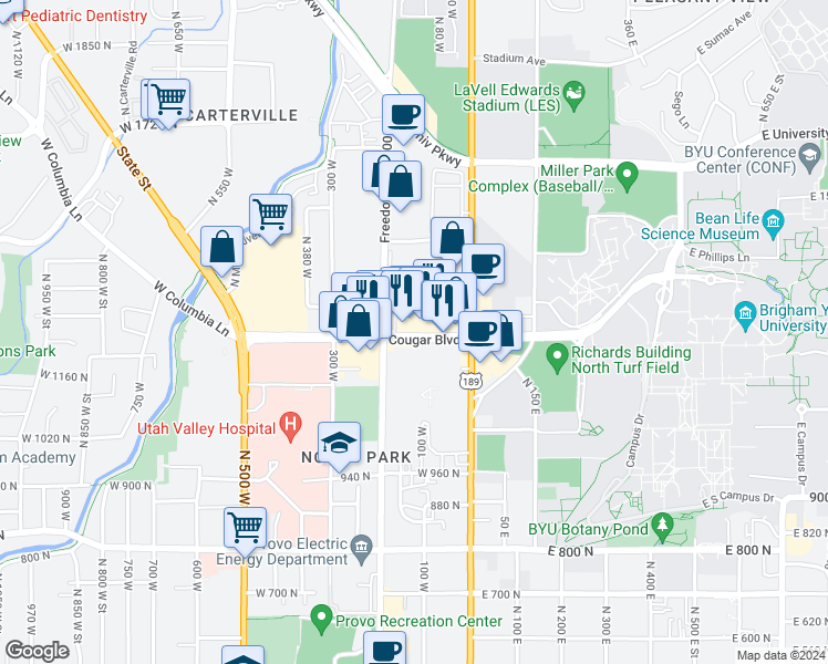 map of restaurants, bars, coffee shops, grocery stores, and more near 142 Cougar Boulevard in Provo