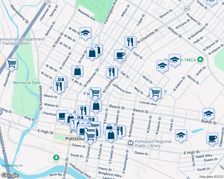 map of restaurants, bars, coffee shops, grocery stores, and more near 317 N Evans St in Pottstown