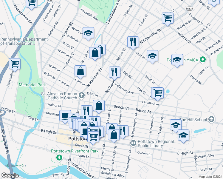 map of restaurants, bars, coffee shops, grocery stores, and more near 310 North Charlotte Street in Pottstown