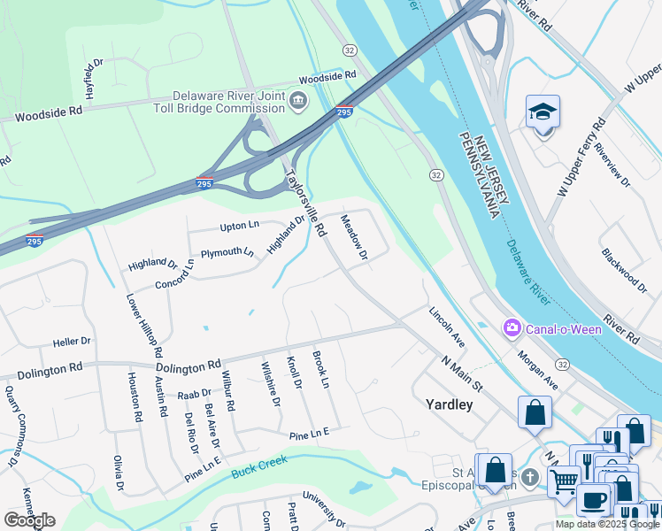 map of restaurants, bars, coffee shops, grocery stores, and more near 221 Taylorsville Road in Yardley