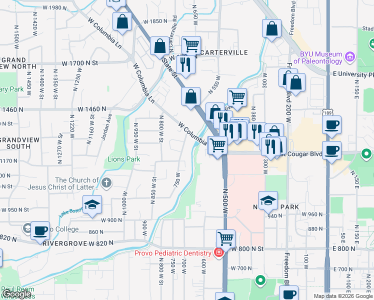 map of restaurants, bars, coffee shops, grocery stores, and more near 1262 Riverside Avenue in Provo