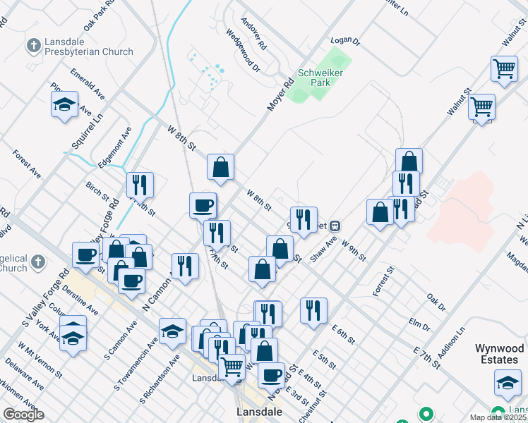 map of restaurants, bars, coffee shops, grocery stores, and more near 330 West 8th Street in Lansdale