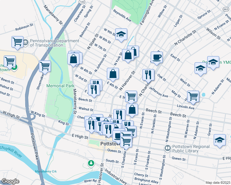 map of restaurants, bars, coffee shops, grocery stores, and more near 135 East 3rd Street in Pottstown
