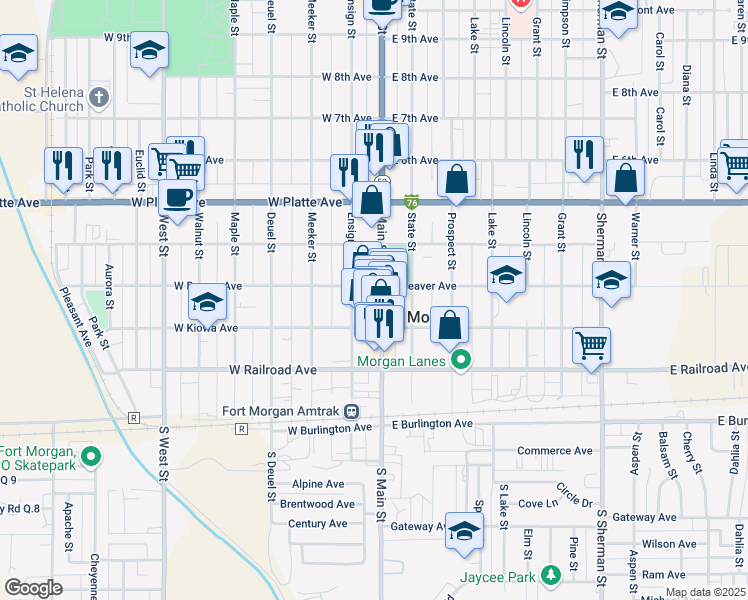 map of restaurants, bars, coffee shops, grocery stores, and more near 328 Main Street in Fort Morgan