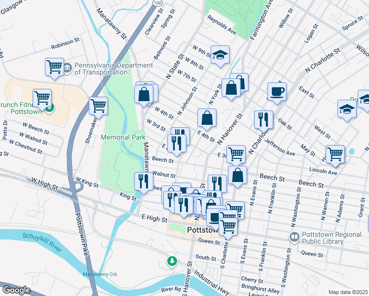 map of restaurants, bars, coffee shops, grocery stores, and more near 267 North York Street in Pottstown