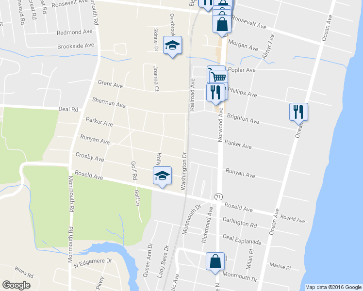 map of restaurants, bars, coffee shops, grocery stores, and more near 101 Parker Ave in Deal