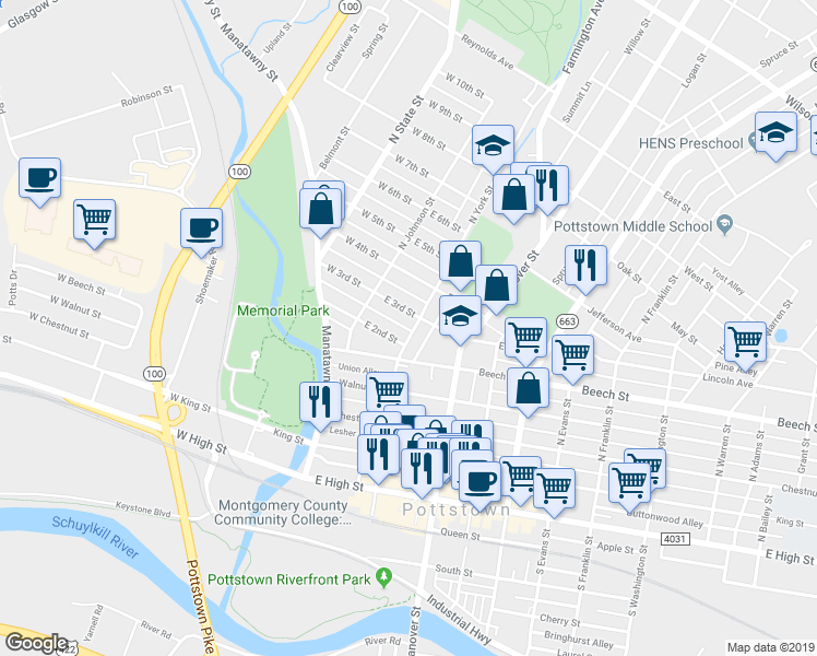 map of restaurants, bars, coffee shops, grocery stores, and more near 267 North York Street in Pottstown