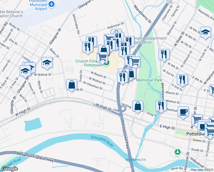 map of restaurants, bars, coffee shops, grocery stores, and more near 274 West Walnut Street in Pottstown