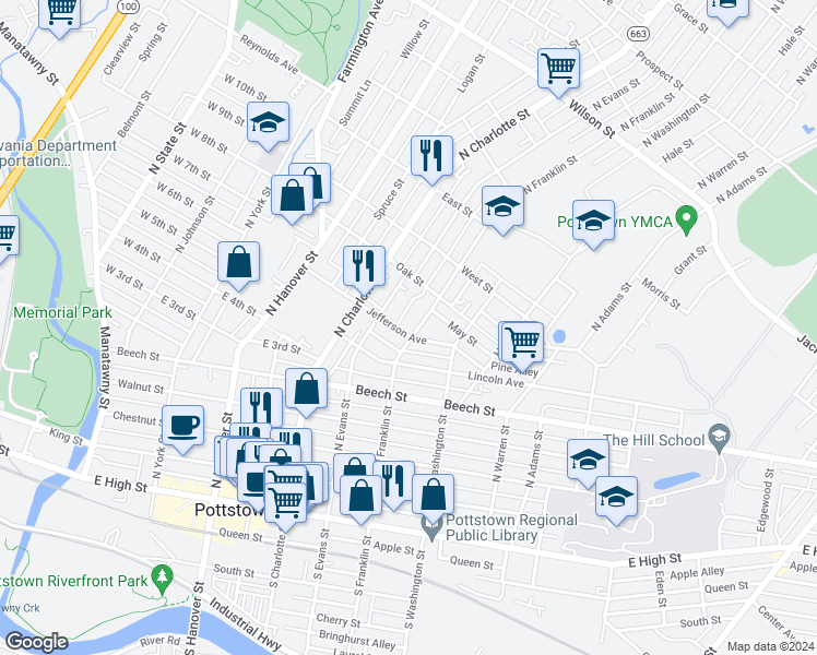 map of restaurants, bars, coffee shops, grocery stores, and more near 353 Jefferson Avenue in Pottstown