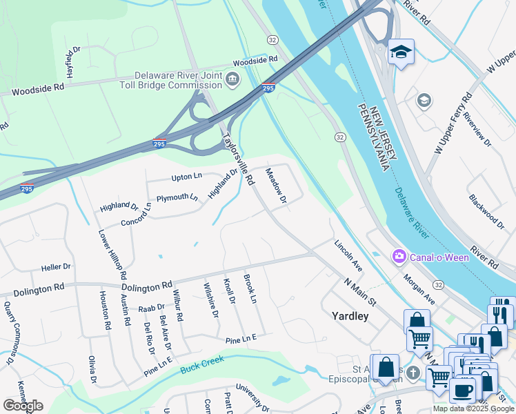 map of restaurants, bars, coffee shops, grocery stores, and more near 221 Taylorsville Road in Yardley