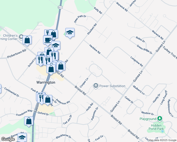 map of restaurants, bars, coffee shops, grocery stores, and more near 2213 Orchard Hill Circle in Warrington
