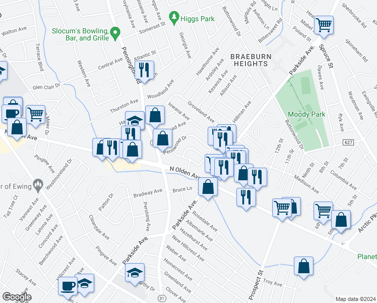 map of restaurants, bars, coffee shops, grocery stores, and more near 9 Millard Terrace in Ewing Township