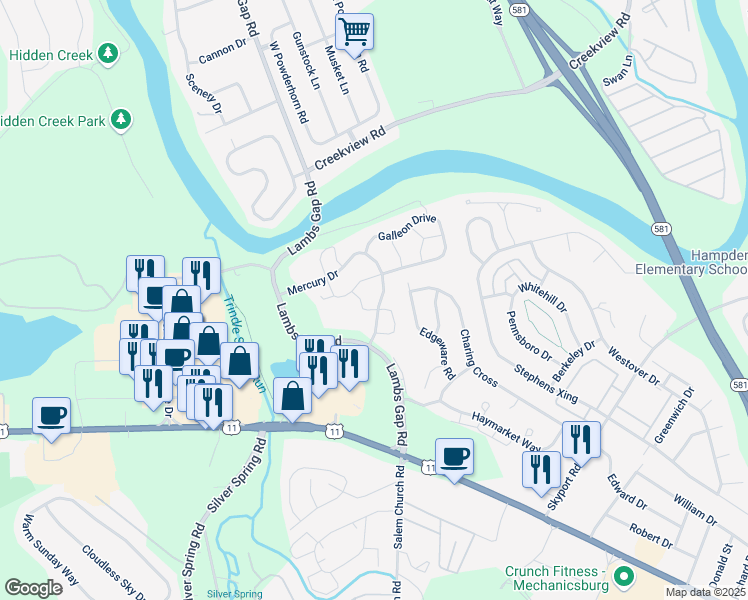 map of restaurants, bars, coffee shops, grocery stores, and more near 406 Mercury Drive in Cumberland County
