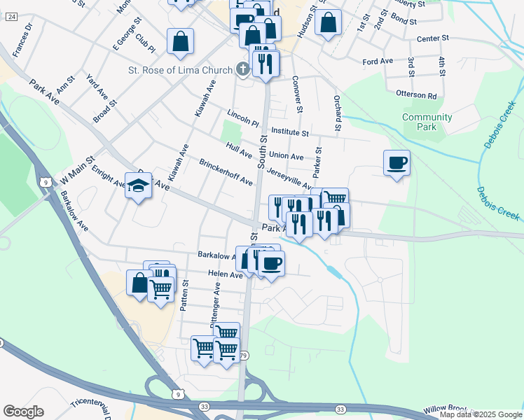 map of restaurants, bars, coffee shops, grocery stores, and more near 143 South Street in Freehold