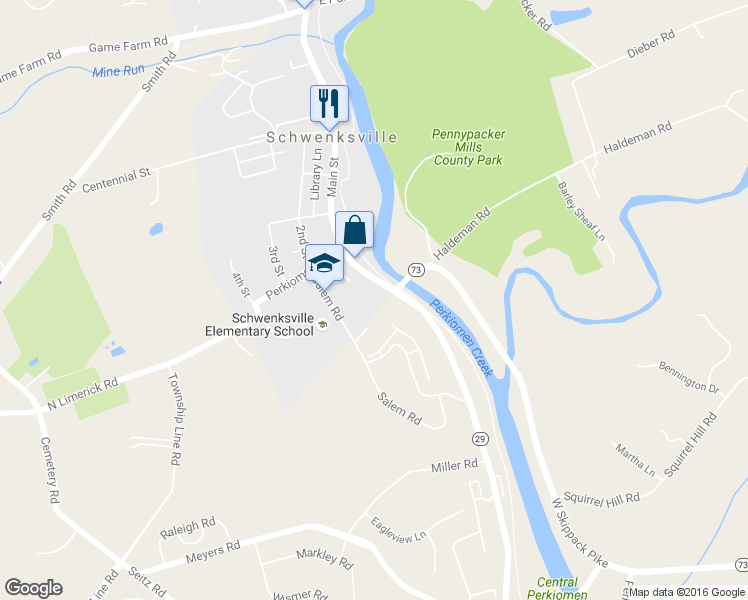 map of restaurants, bars, coffee shops, grocery stores, and more near 31 Main Street in Schwenksville