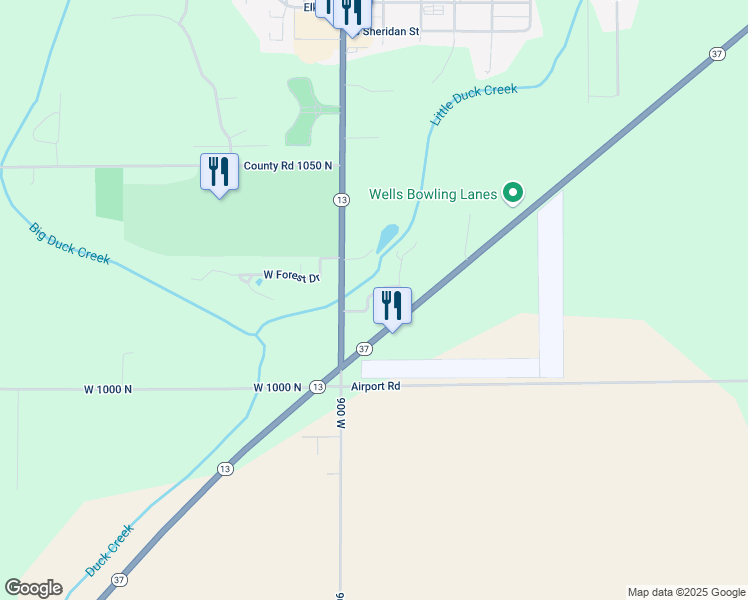 map of restaurants, bars, coffee shops, grocery stores, and more near 8939 West Hilltop Lane in Elwood