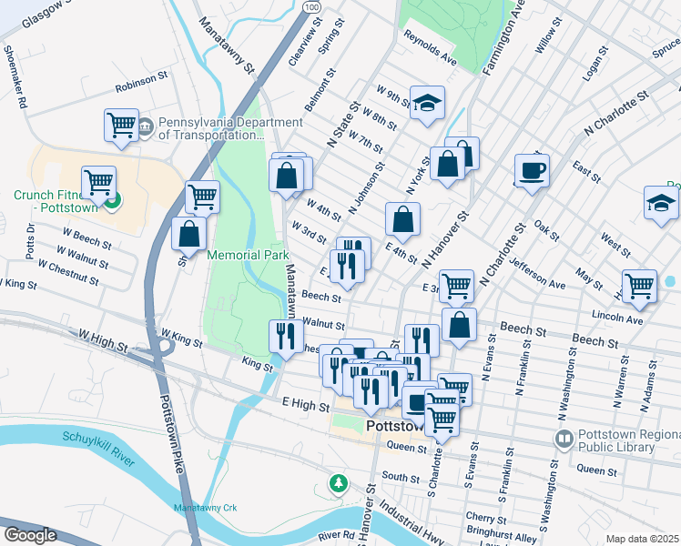 map of restaurants, bars, coffee shops, grocery stores, and more near 29 East 2nd Street in Pottstown