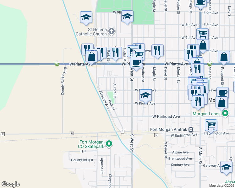 map of restaurants, bars, coffee shops, grocery stores, and more near 900-998 West Beaver Avenue in Fort Morgan