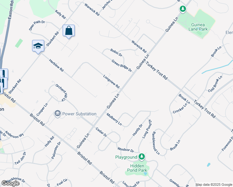 map of restaurants, bars, coffee shops, grocery stores, and more near 1653 Guinea Lane in Warrington