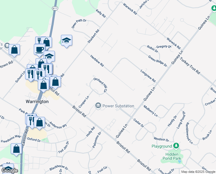 map of restaurants, bars, coffee shops, grocery stores, and more near 2213 Orchard Hill Circle in Warrington