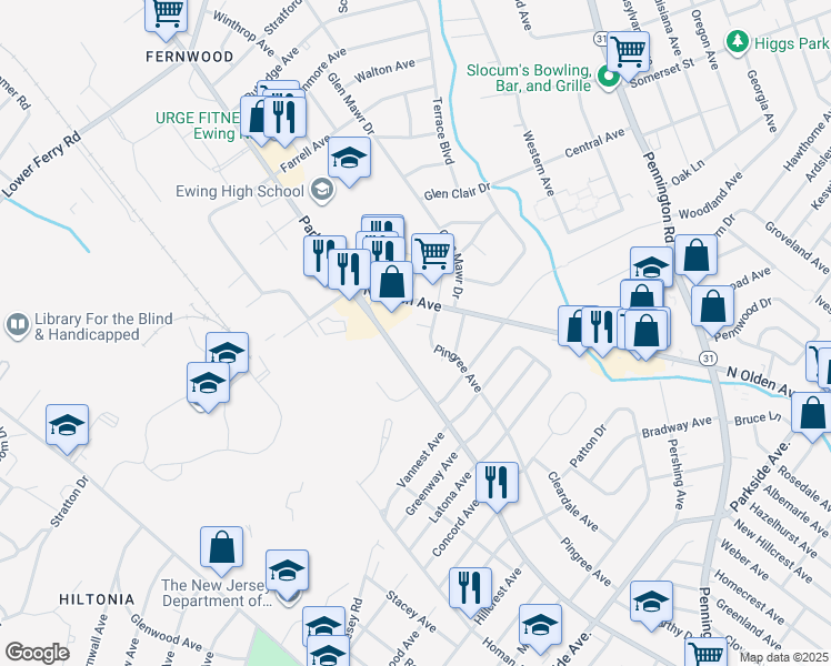 map of restaurants, bars, coffee shops, grocery stores, and more near 534 Pingree Avenue in Ewing Township
