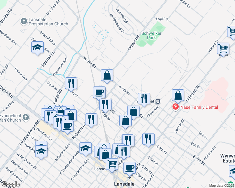 map of restaurants, bars, coffee shops, grocery stores, and more near 421 West 7th Street in Lansdale