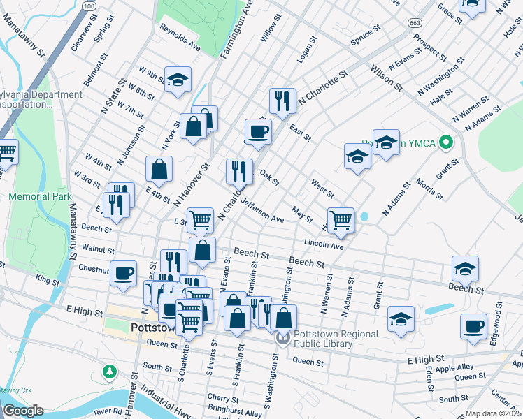 map of restaurants, bars, coffee shops, grocery stores, and more near 343 Jefferson Avenue in Pottstown