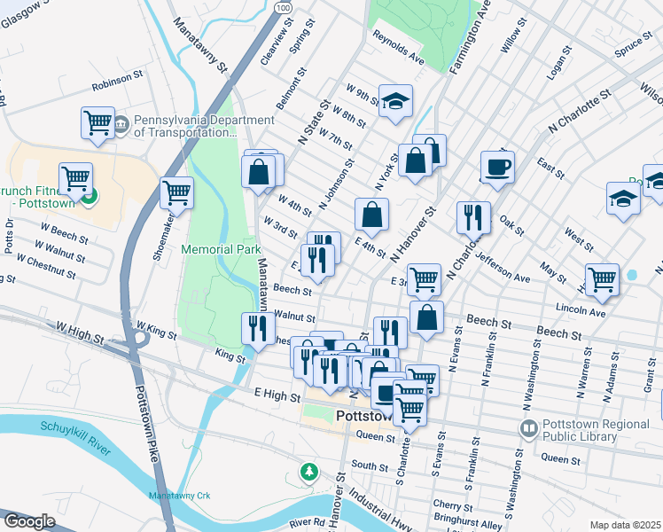 map of restaurants, bars, coffee shops, grocery stores, and more near 269 North York Street in Pottstown