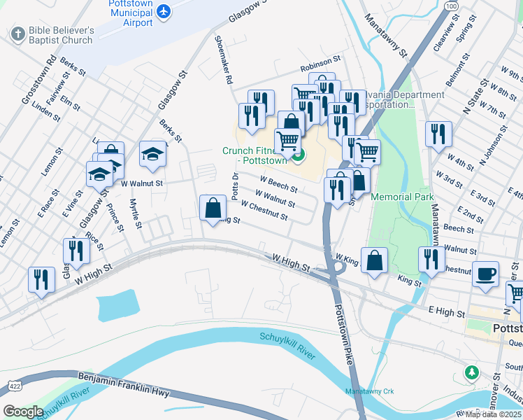 map of restaurants, bars, coffee shops, grocery stores, and more near 352 West Chestnut Street in Pottstown