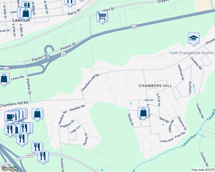 map of restaurants, bars, coffee shops, grocery stores, and more near 641 Garden Drive in Harrisburg