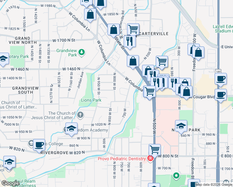 map of restaurants, bars, coffee shops, grocery stores, and more near 1260 North 800 West in Provo